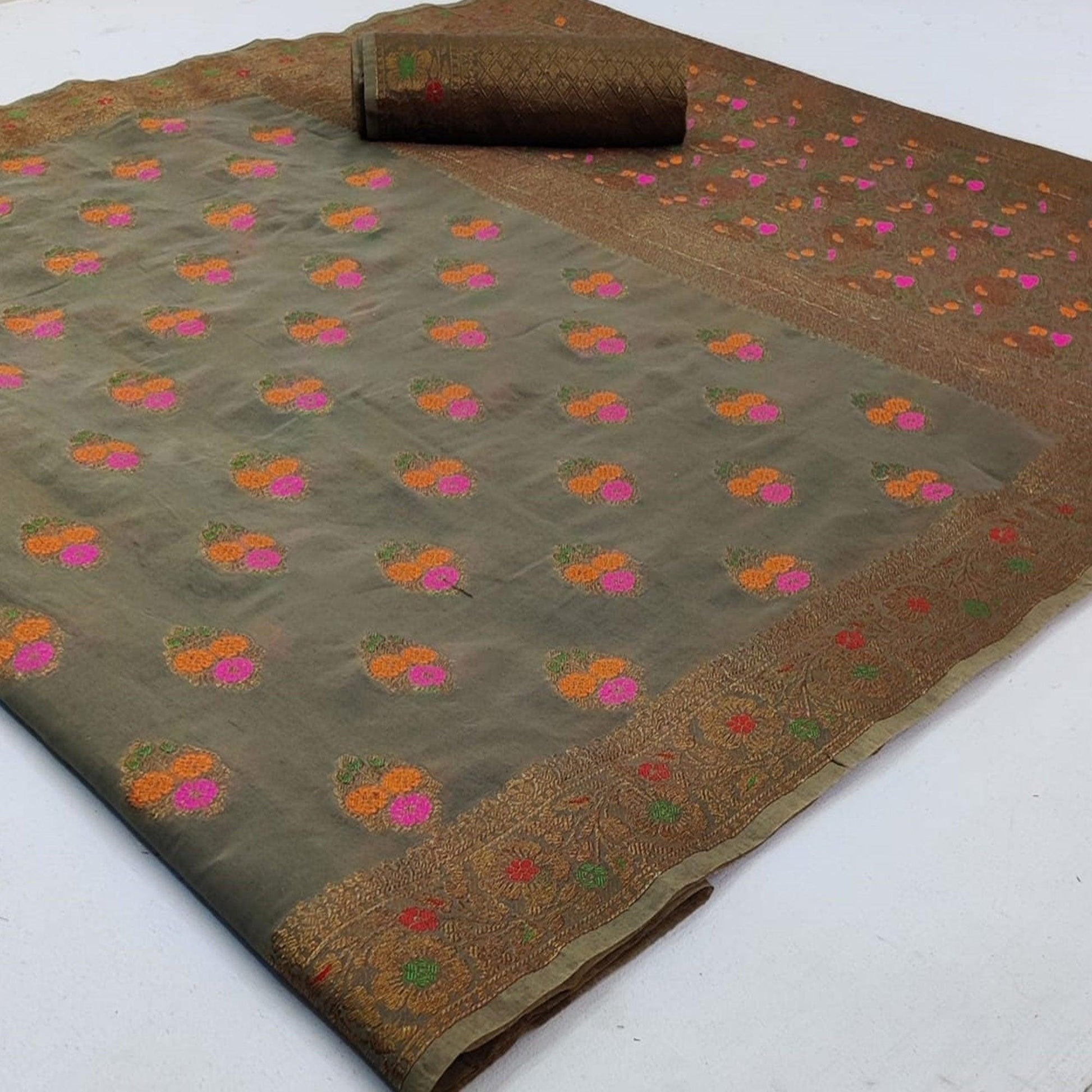 Energetic Dark Grey Colored Festive Wear Woven Cotton Saree