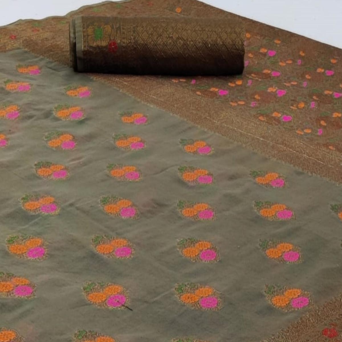 Energetic Dark Grey Colored Festive Wear Woven Cotton Saree