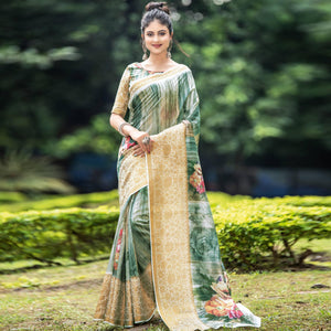 Energetic Green-Beige Colored Partywear Digital Printed Organza Saree