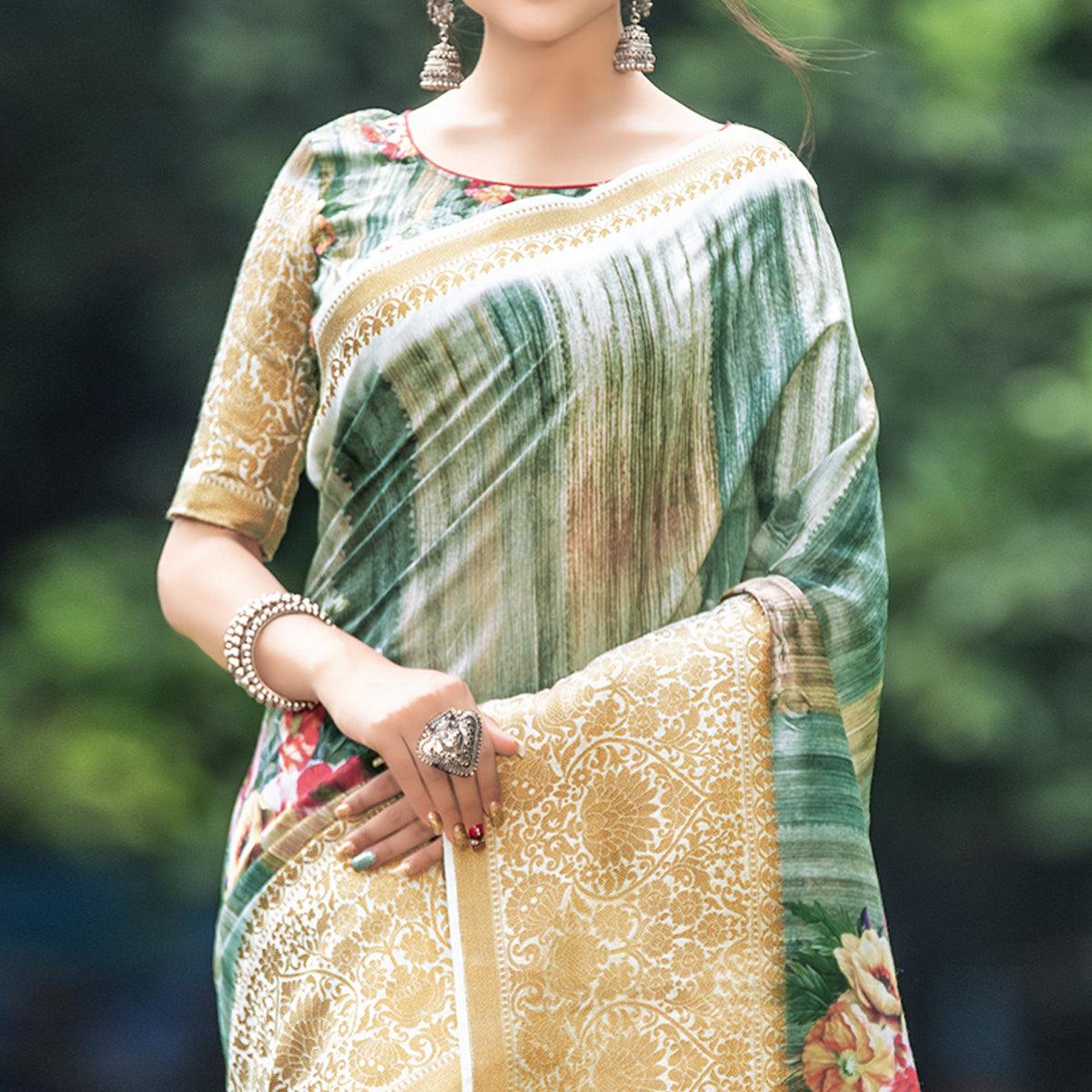 Energetic Green-Beige Colored Partywear Digital Printed Organza Saree