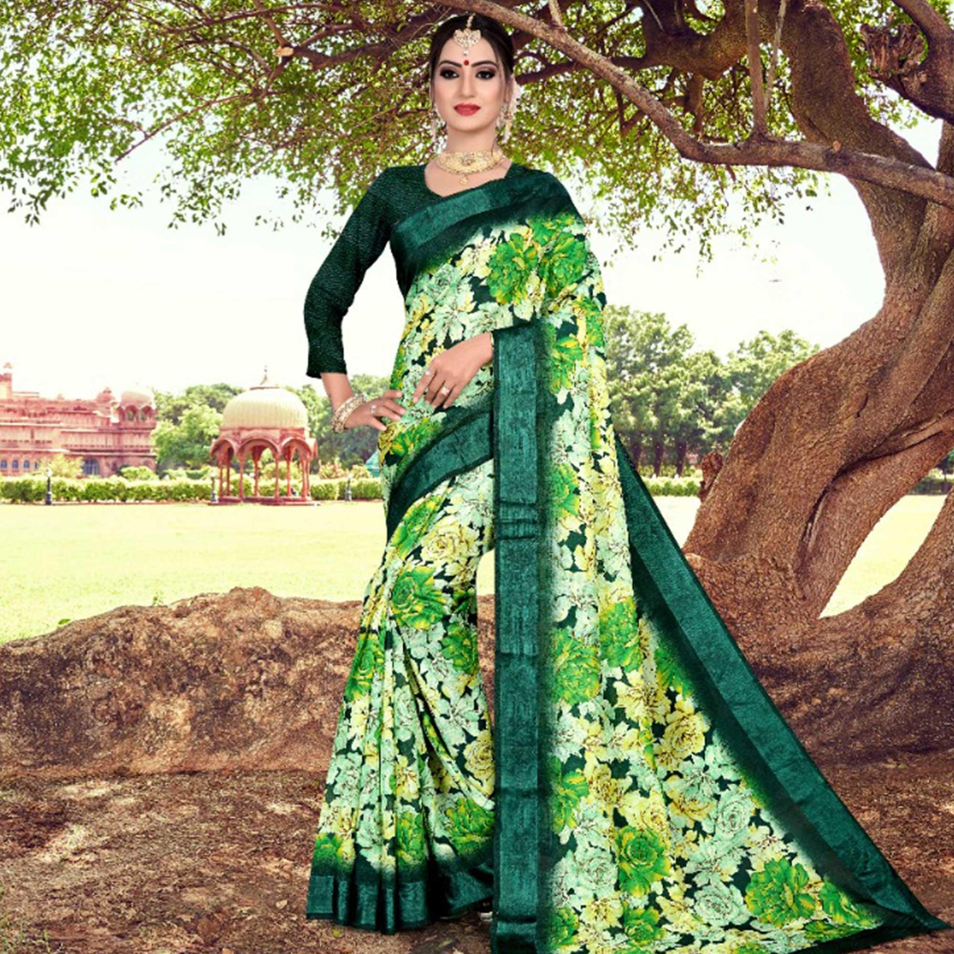 Energetic Green Colored Casual Printed Cotton Saree