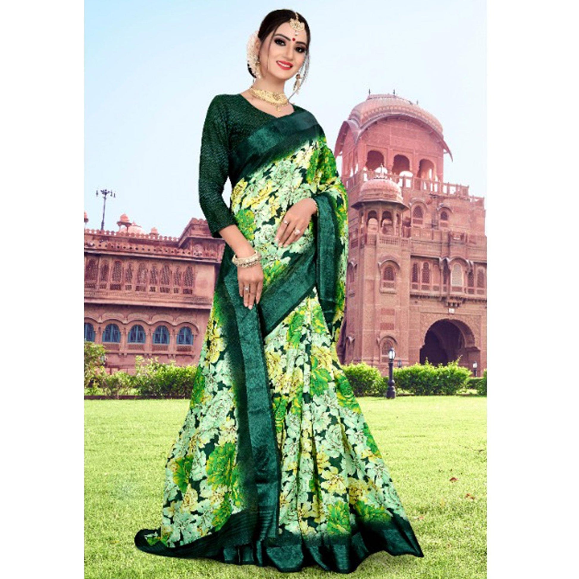 Energetic Green Colored Casual Printed Cotton Saree
