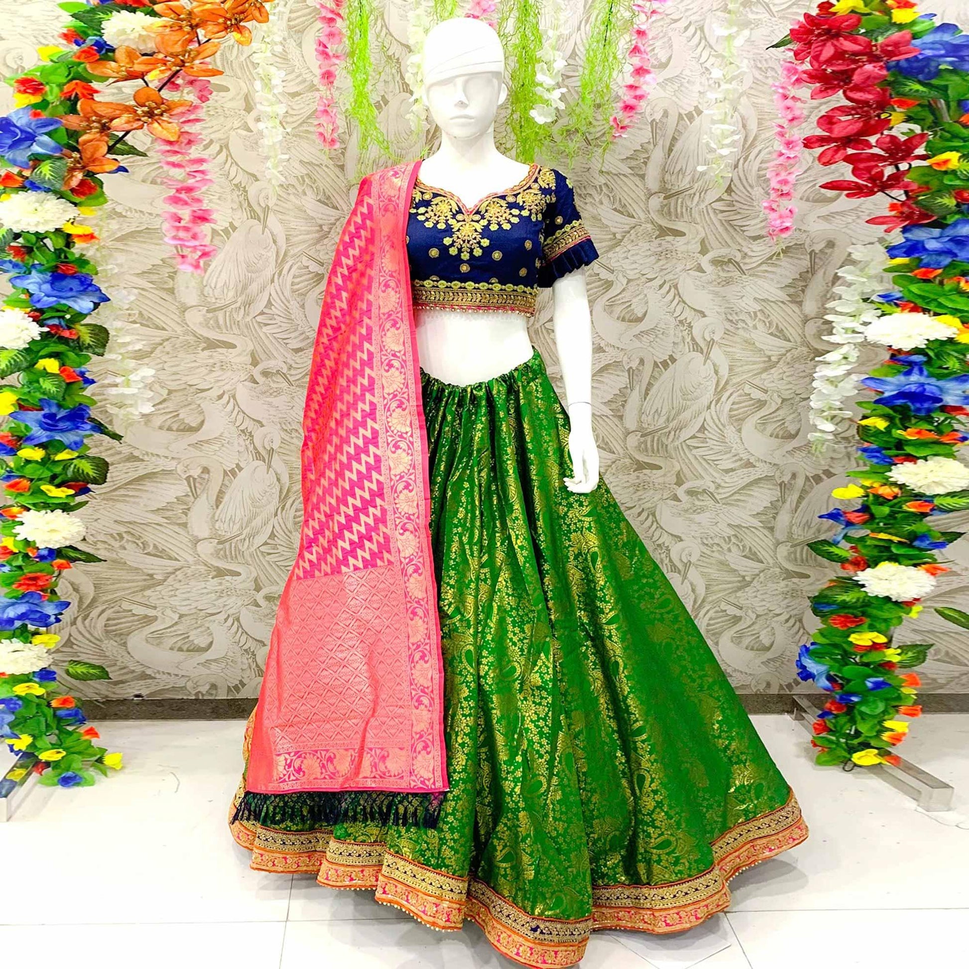 Energetic Green Colored Designer Wedding Wear Woven Banarasi Silk Lehenga Choli