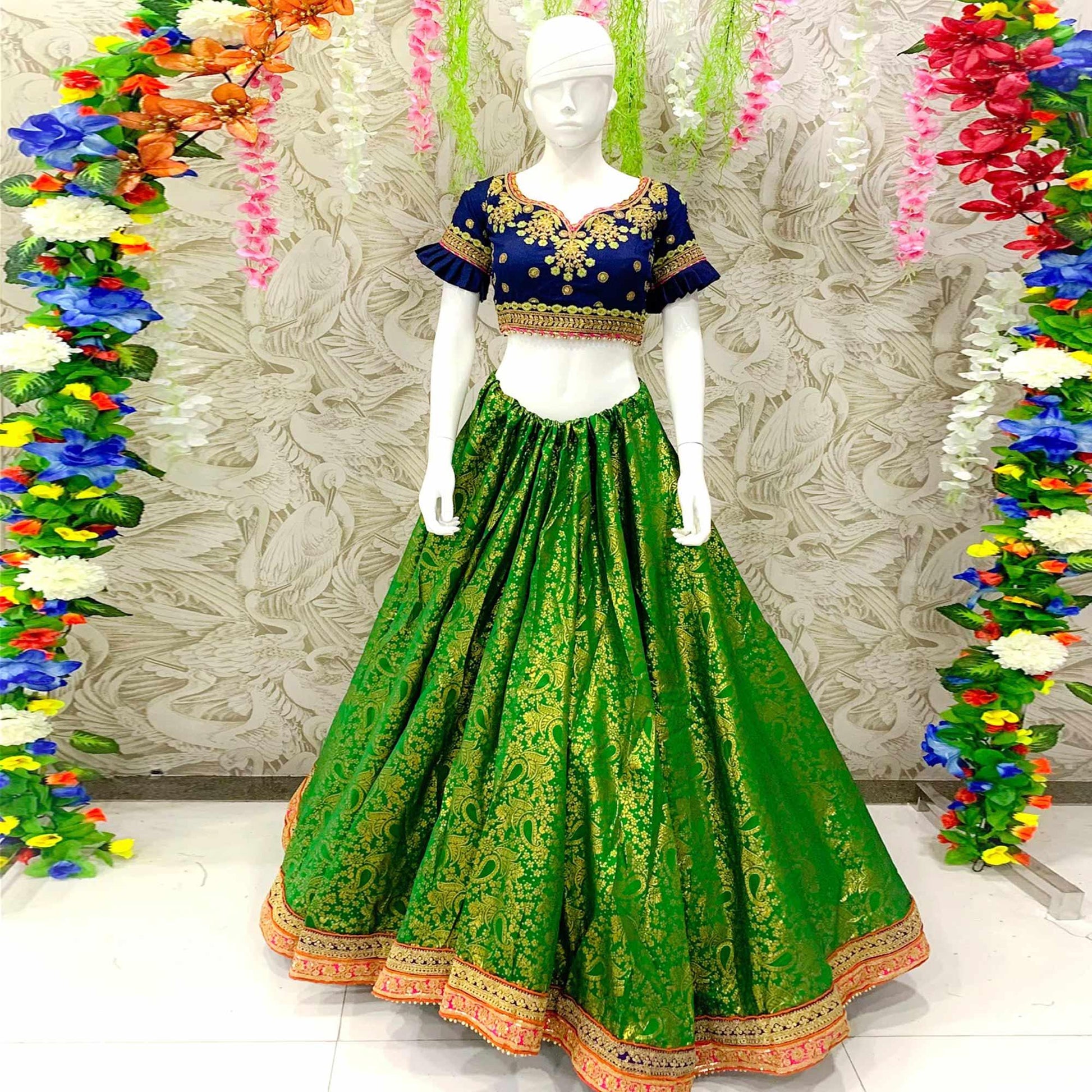 Energetic Green Colored Designer Wedding Wear Woven Banarasi Silk Lehenga Choli