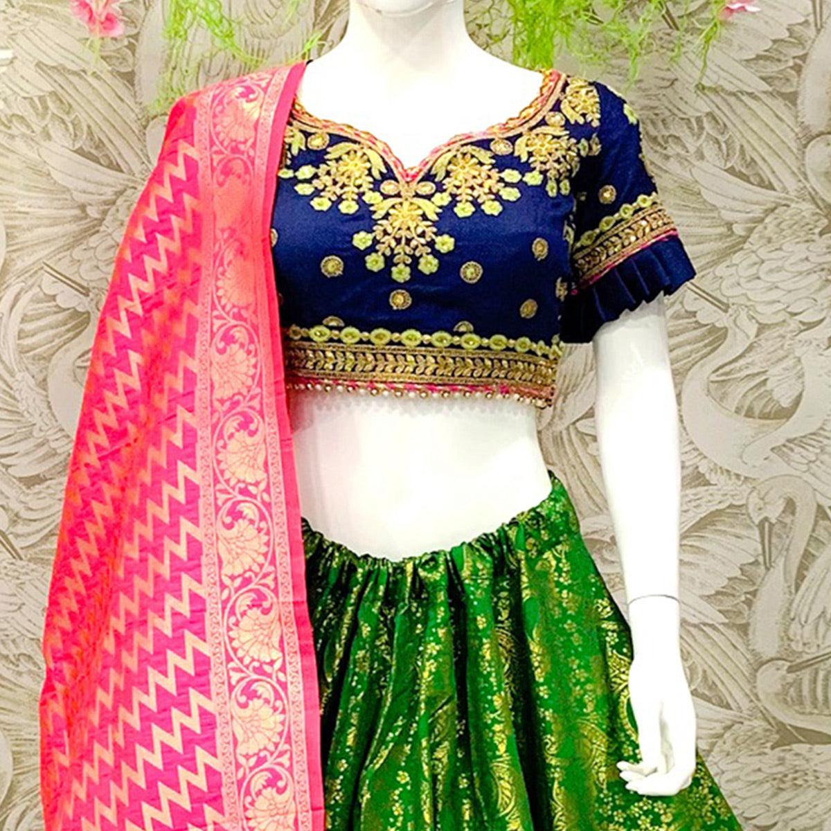 Energetic Green Colored Designer Wedding Wear Woven Banarasi Silk Lehenga Choli