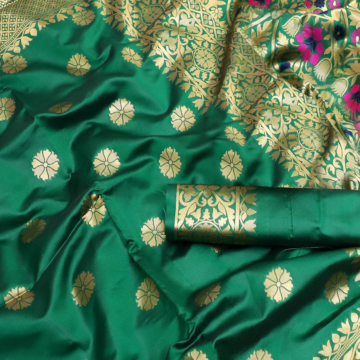 Energetic Green Colored Festive Wear Woven Banarasi Silk Saree