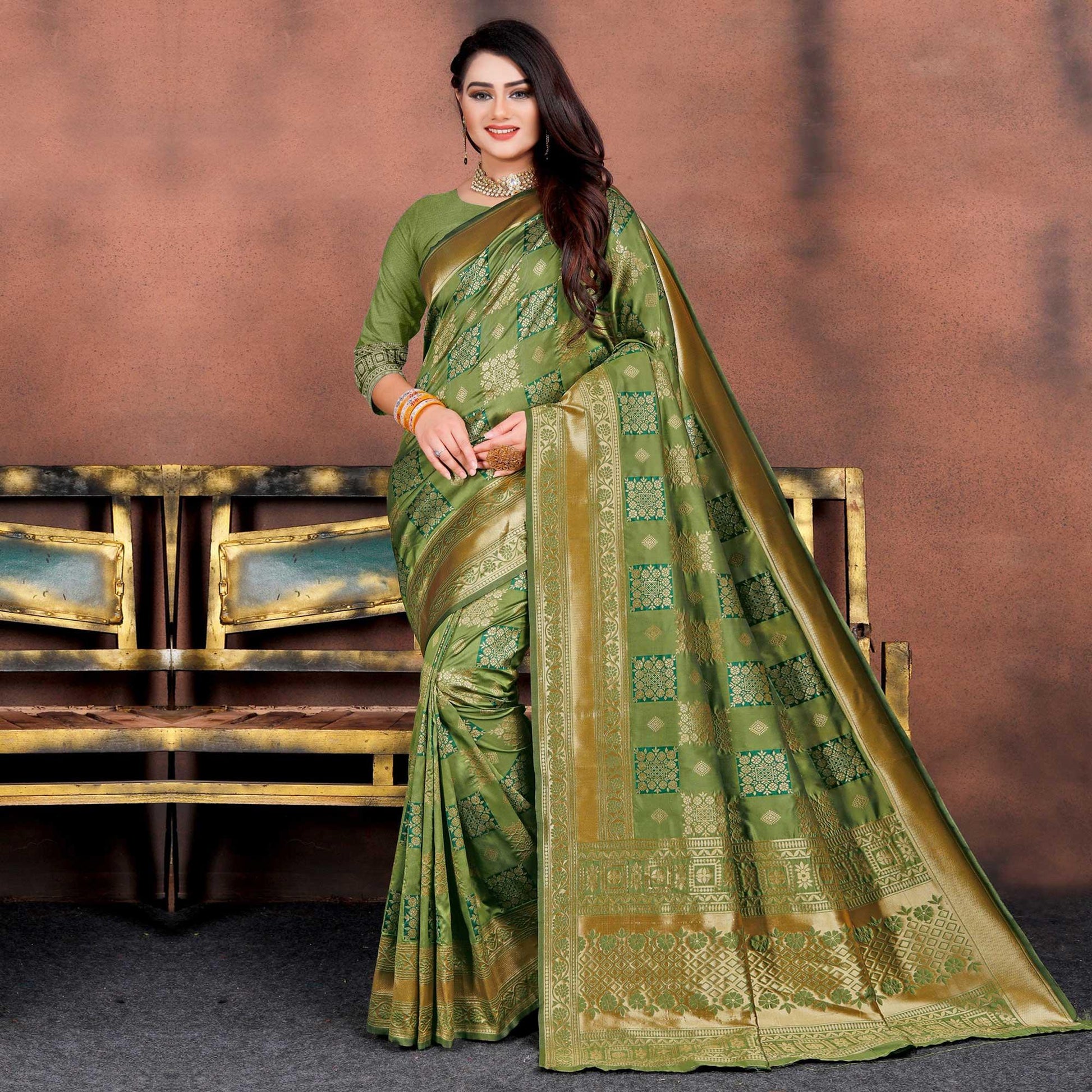 Energetic Green Colored Festive Wear Woven Silk Saree