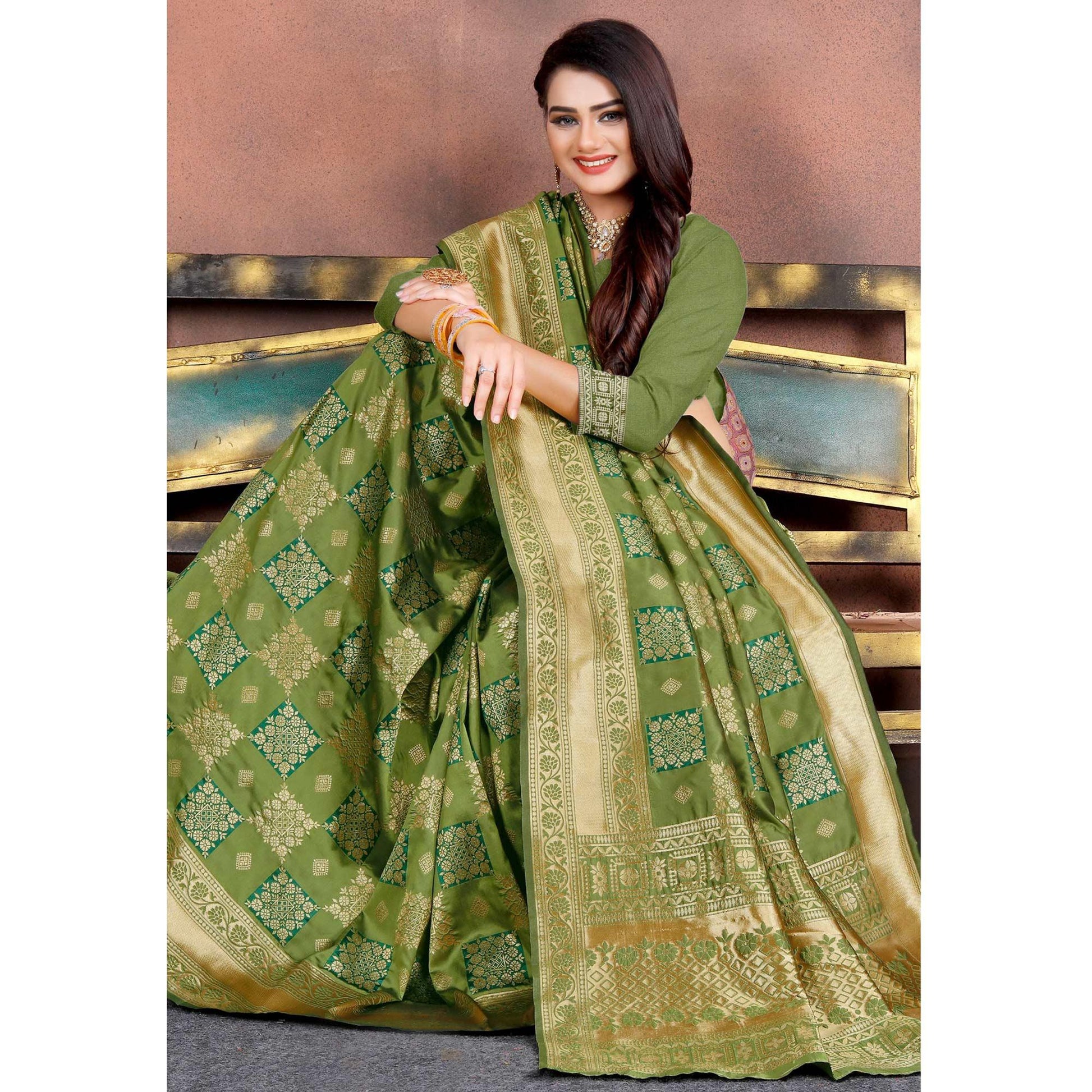 Energetic Green Colored Festive Wear Woven Silk Saree