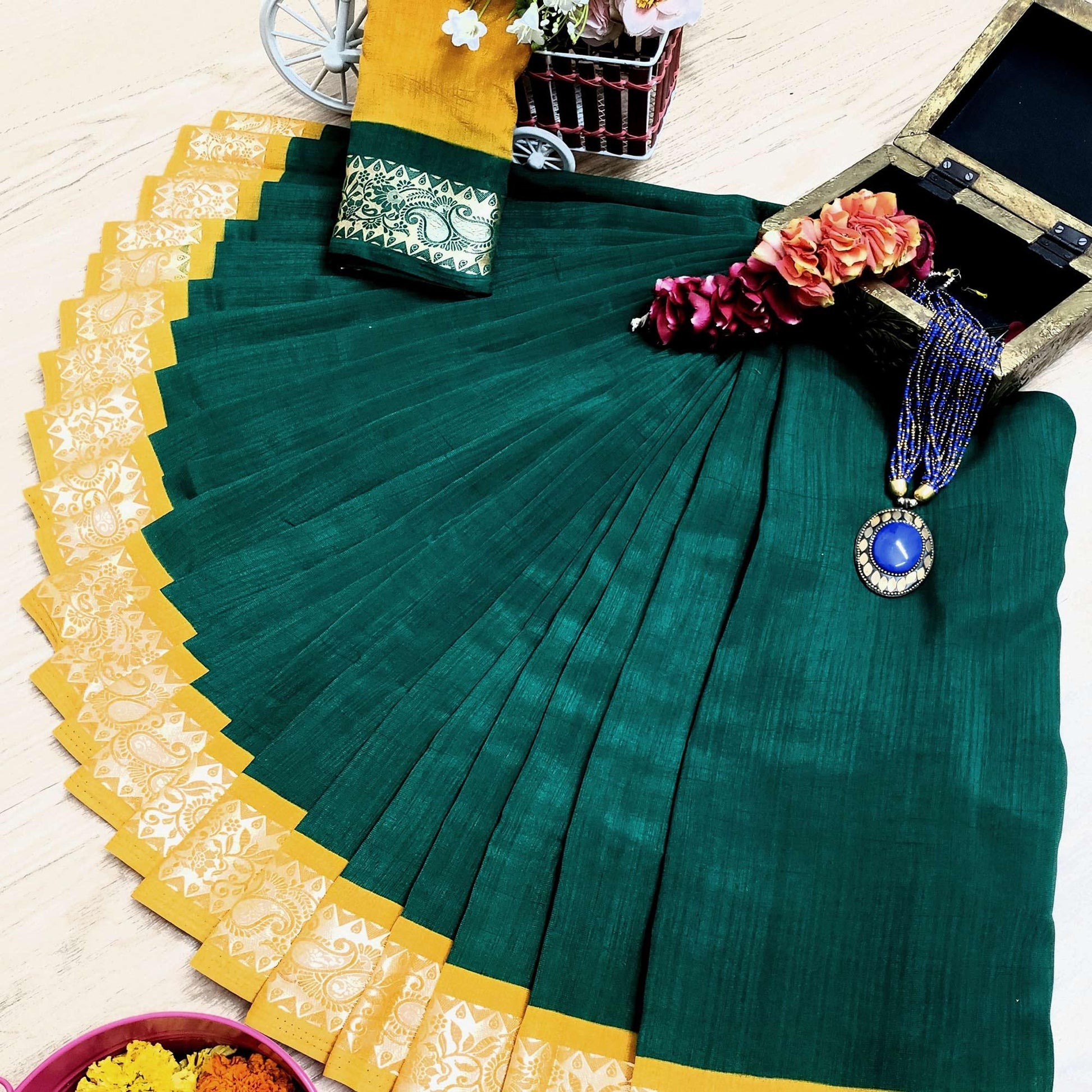 Energetic Green Colored Festive Wear Woven Soft Vichitra Silk Saree