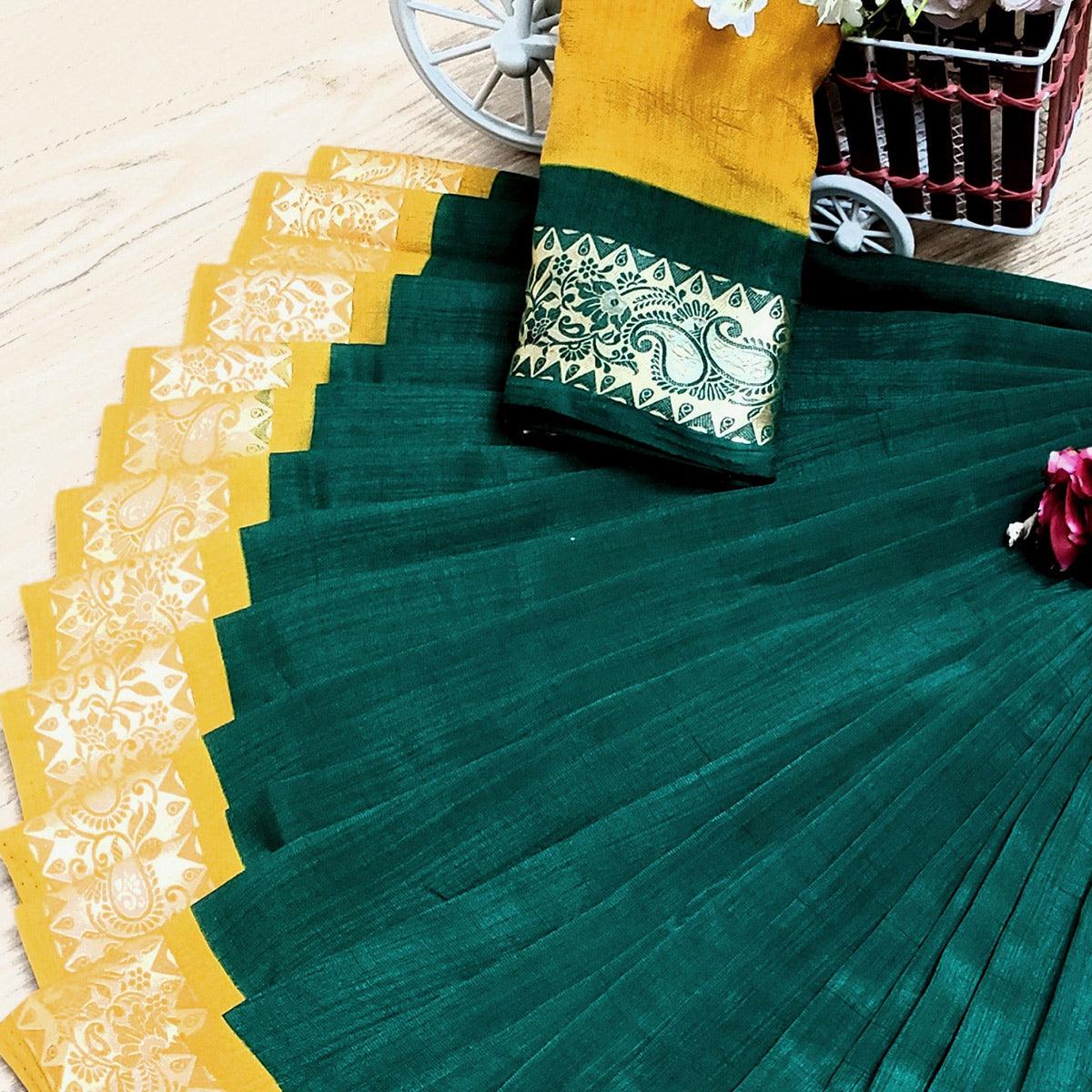 Energetic Green Colored Festive Wear Woven Soft Vichitra Silk Saree