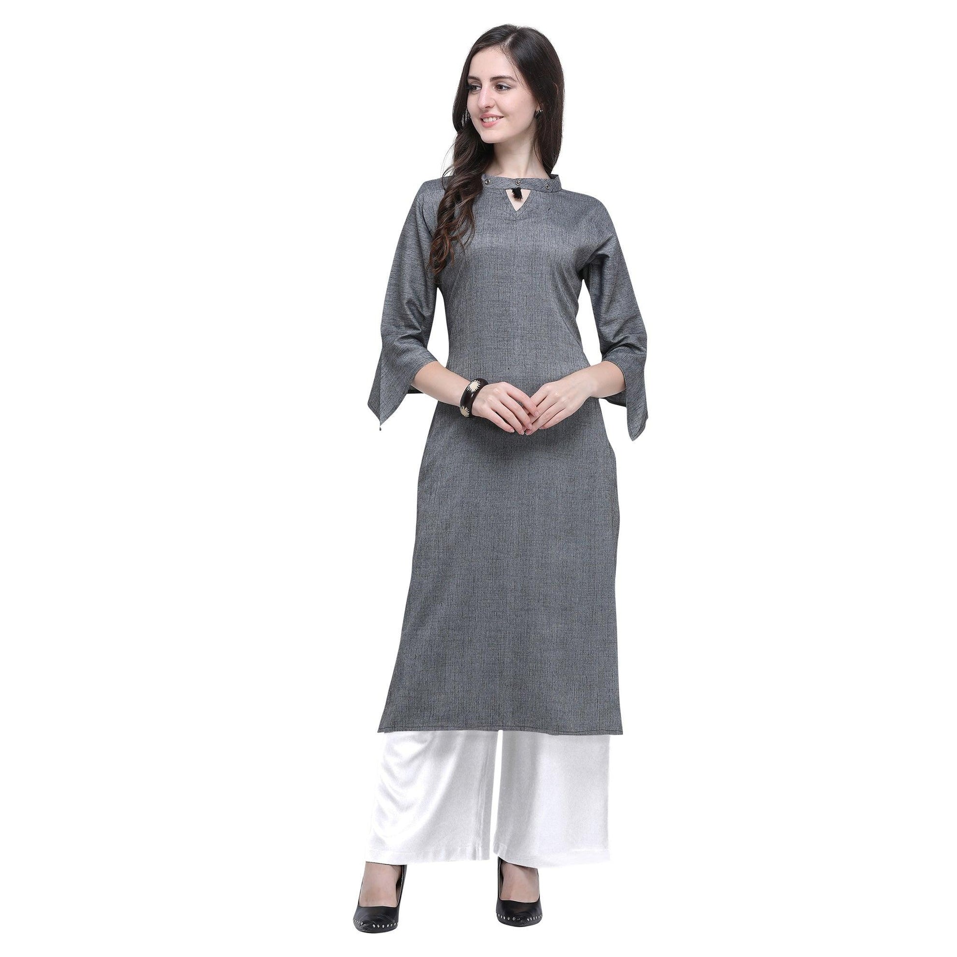 Energetic Grey Colored Casual Wear Embroidered Rayon Kurti-Palazzo Set