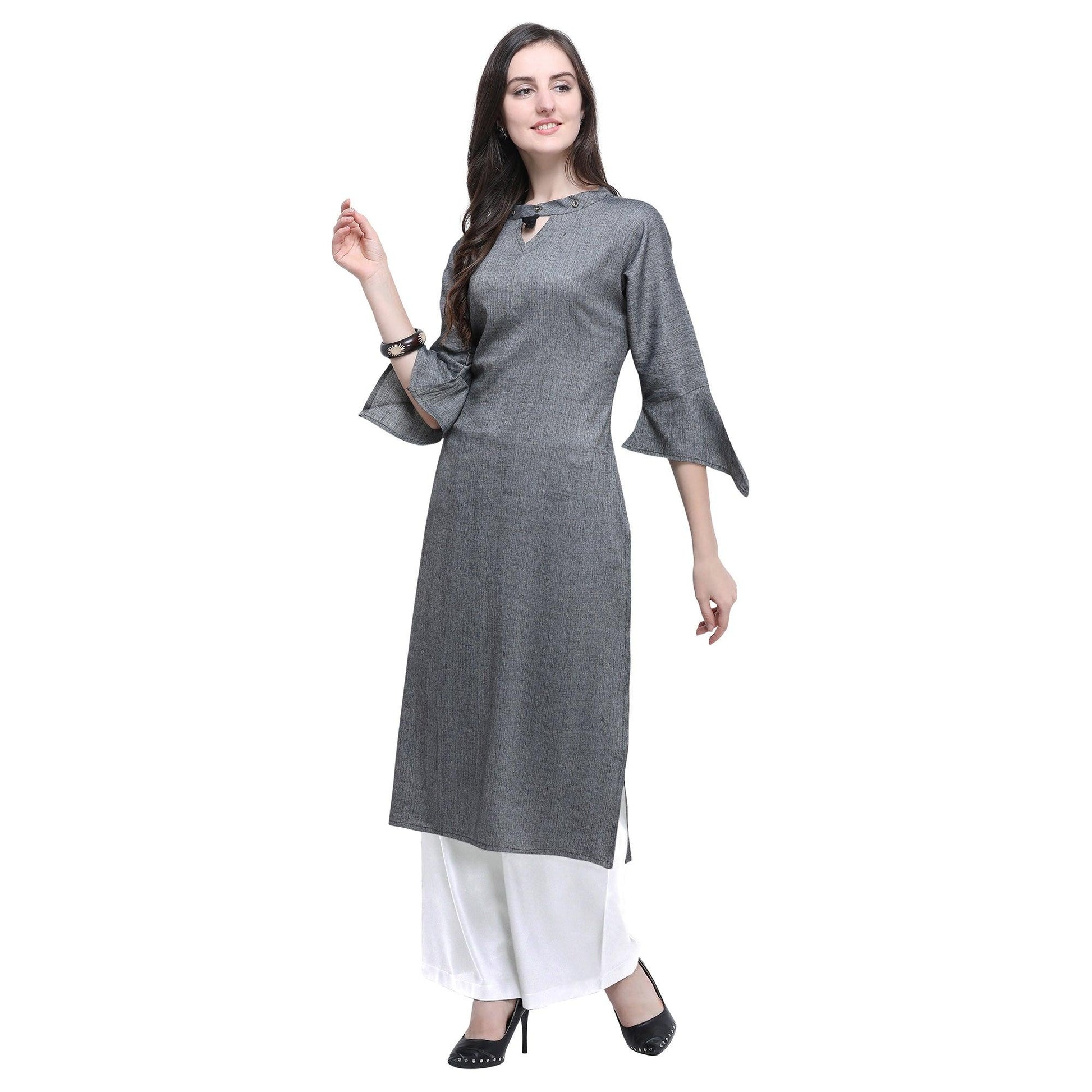 Energetic Grey Colored Casual Wear Embroidered Rayon Kurti-Palazzo Set