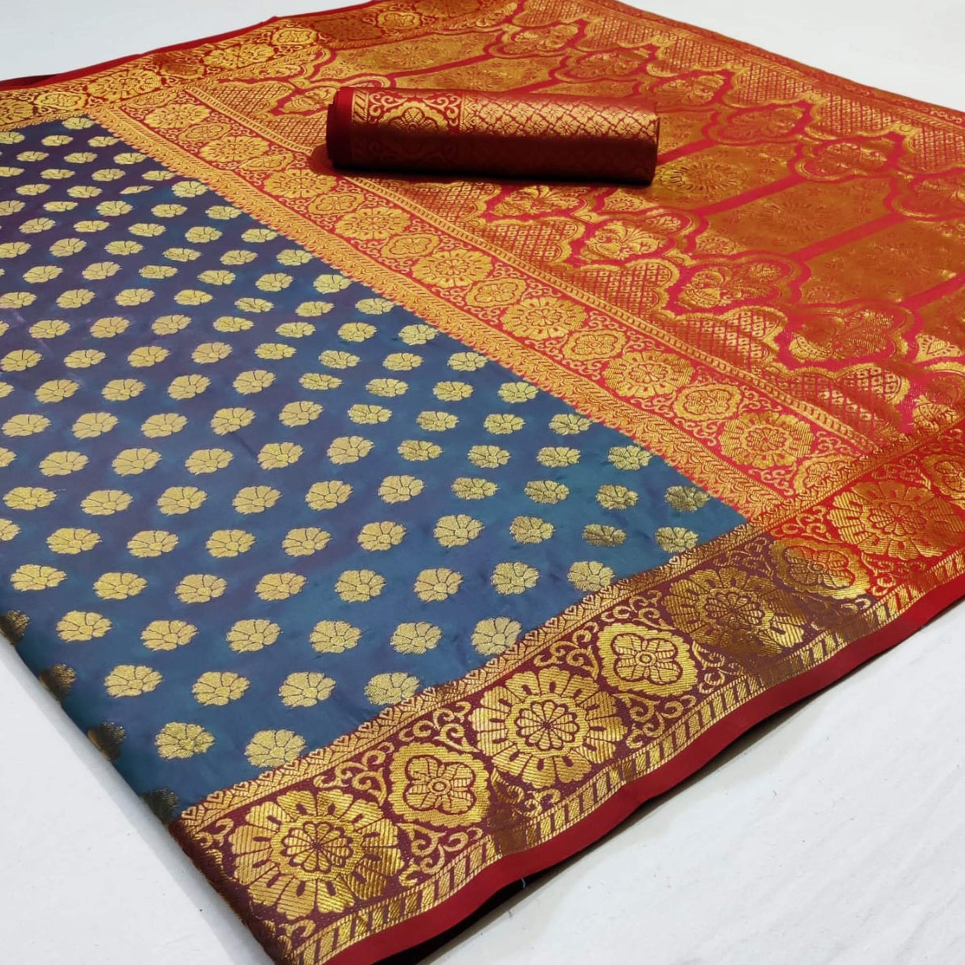 Energetic Grey Colored Festive Wear Woven Heavy Silk Saree