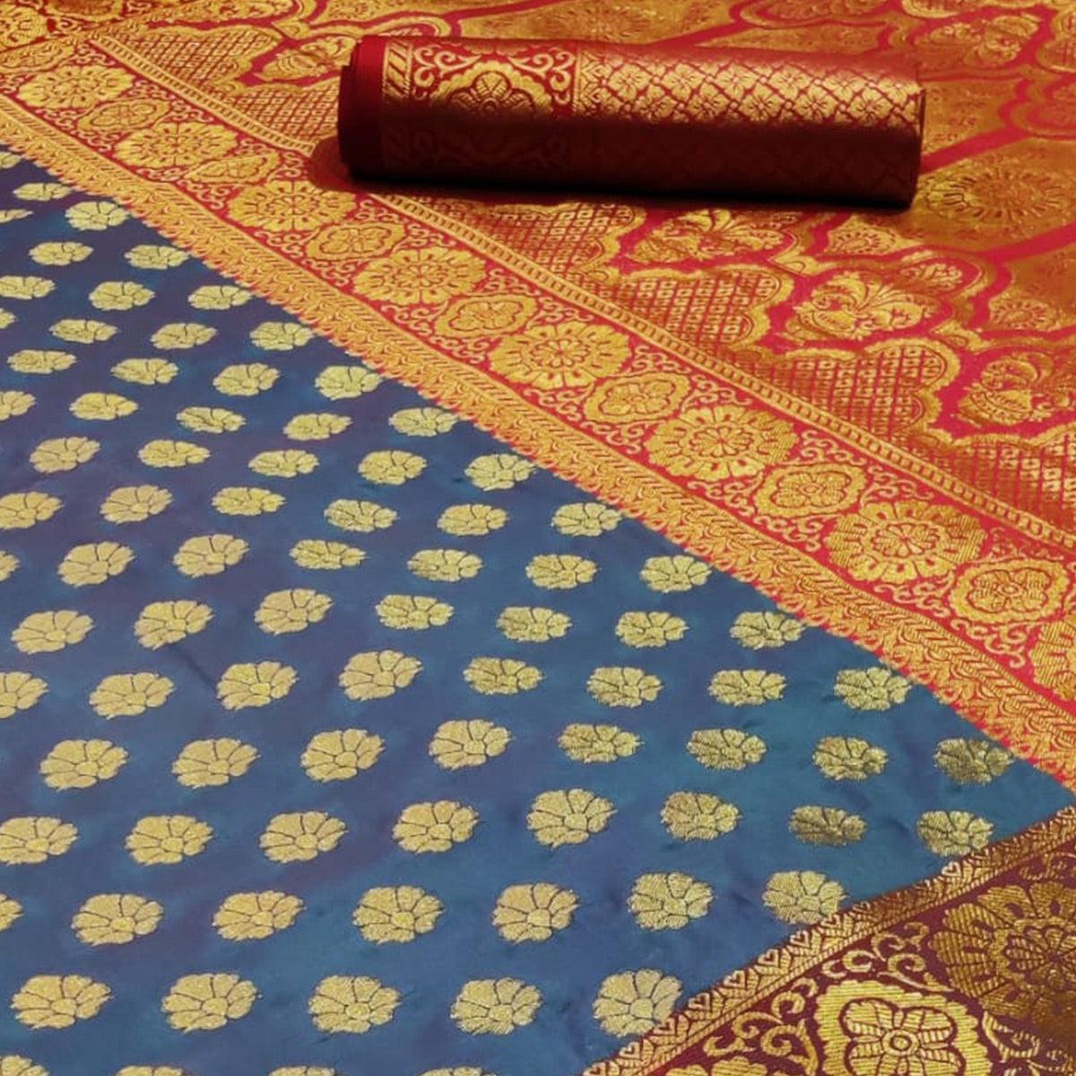 Energetic Grey Colored Festive Wear Woven Heavy Silk Saree