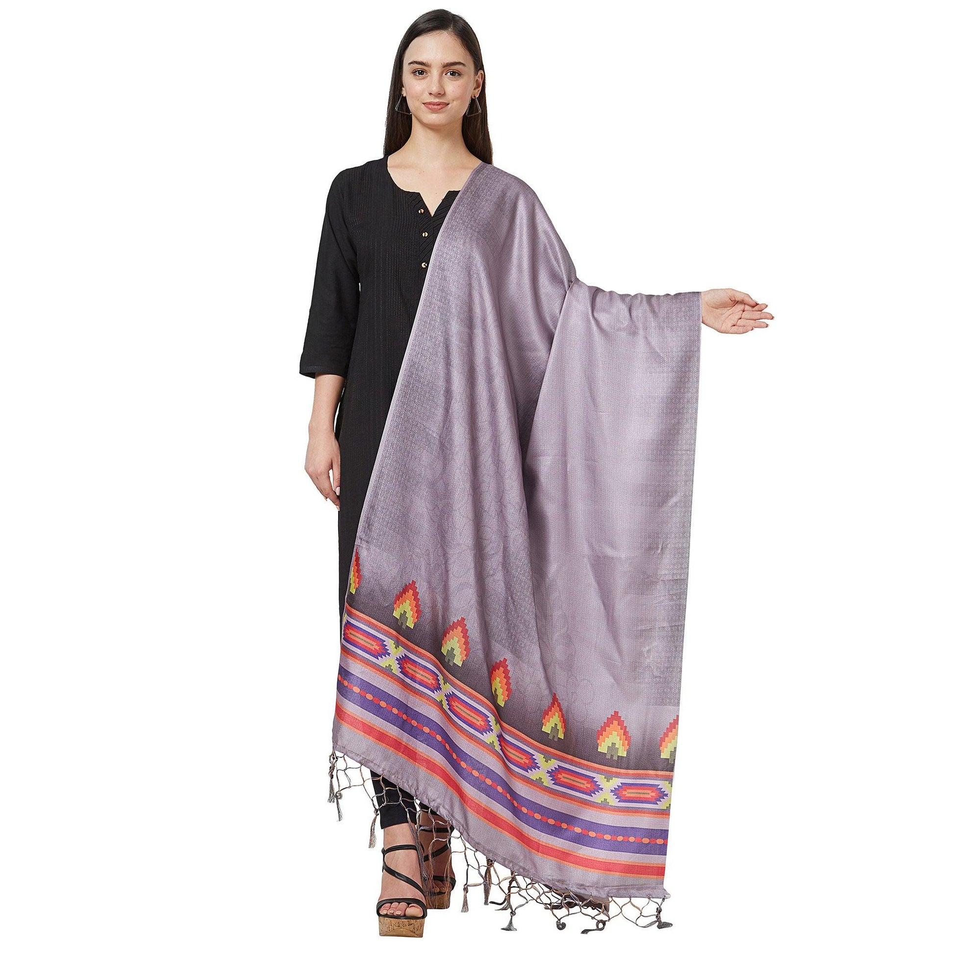 Energetic Light Gray Colored Casual Printed Pashmina Silk Dupatta