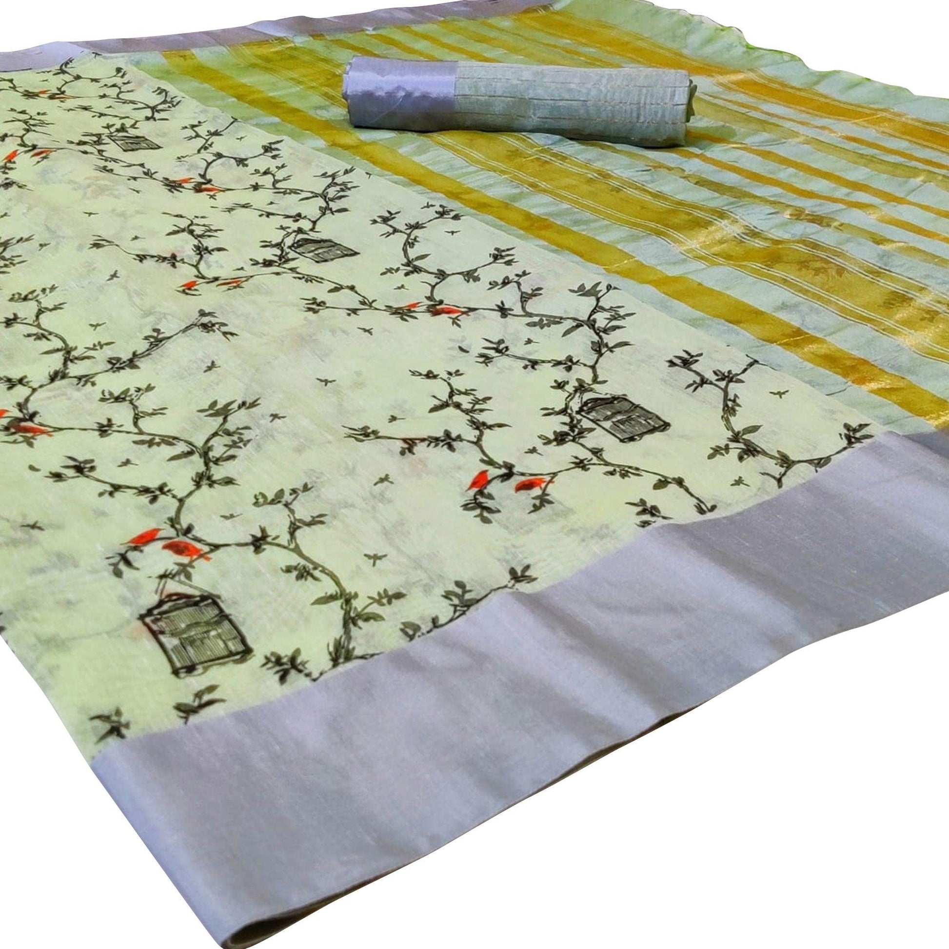 Energetic Light Green Colored Casual Printed-Woven Linen Saree With Tassels