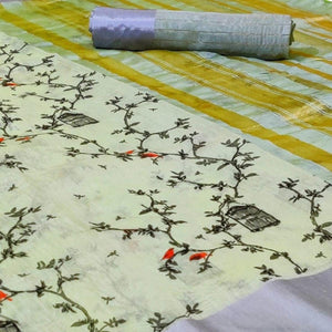 Energetic Light Green Colored Casual Printed-Woven Linen Saree With Tassels