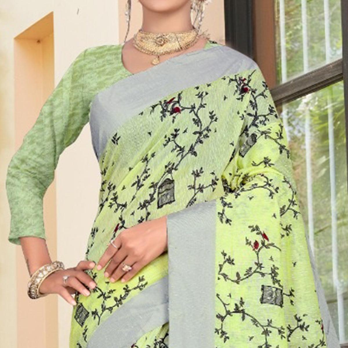Energetic Light Green Colored Casual Printed-Woven Linen Saree With Tassels