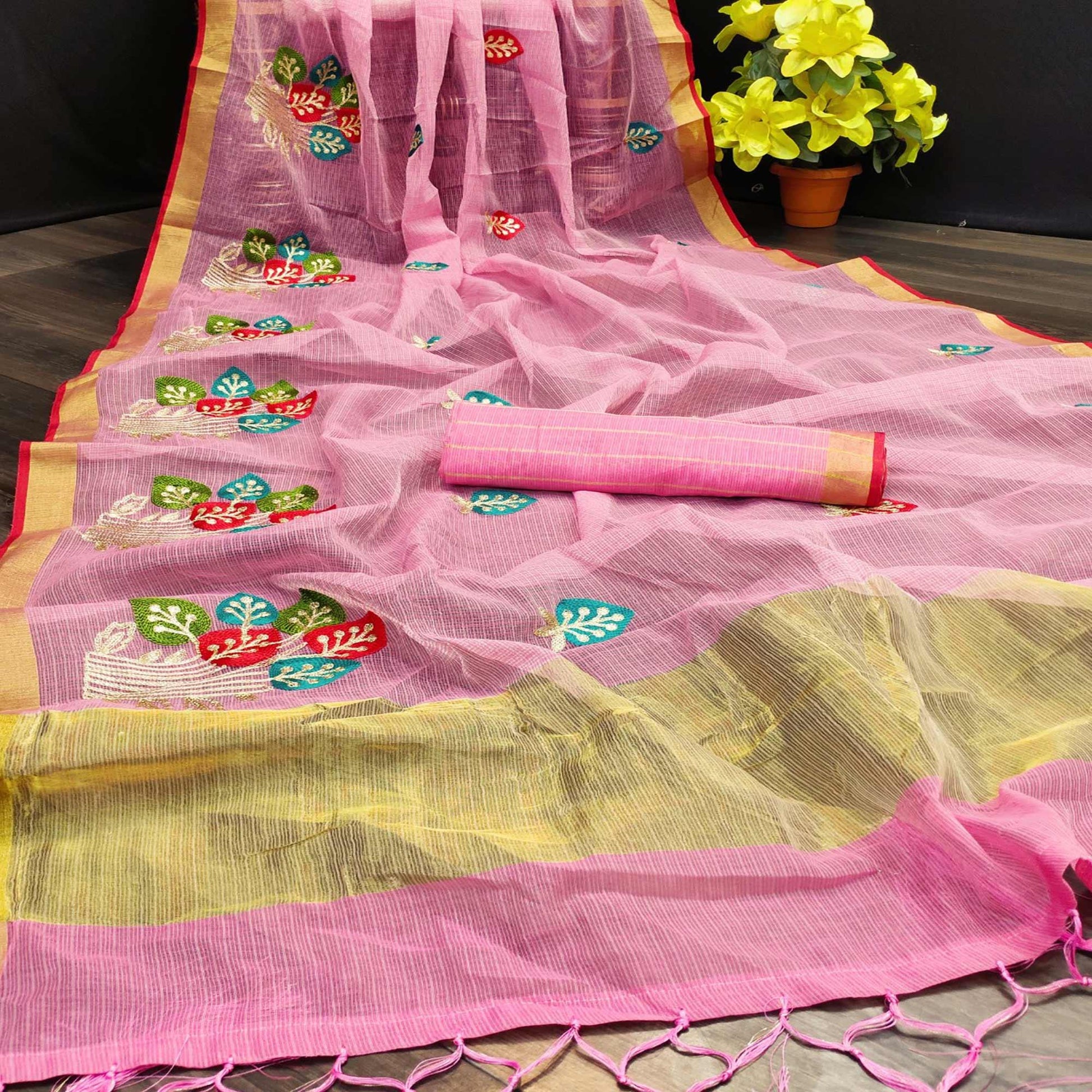 Energetic Light Pink Colored Festive Wear Embroidered Silk Saree