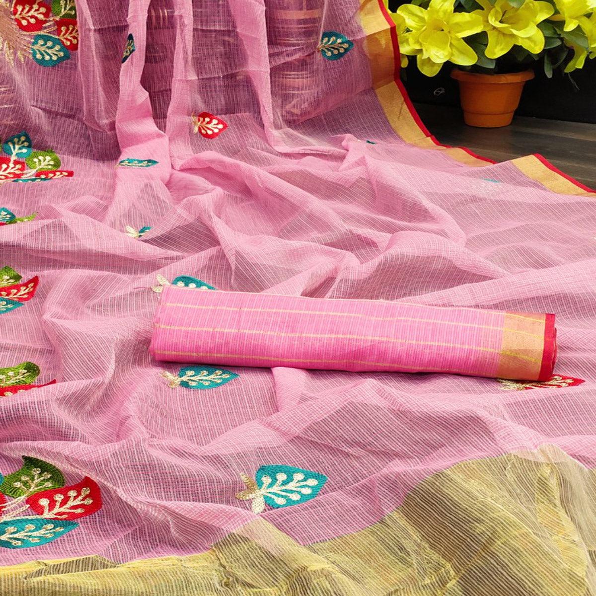 Energetic Light Pink Colored Festive Wear Embroidered Silk Saree