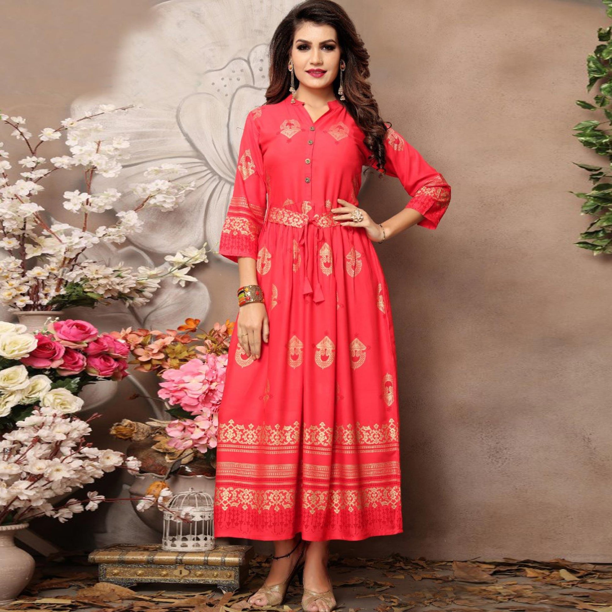 Energetic Light Red Colored Party Wear Foil Block Printed Rayon Kurti