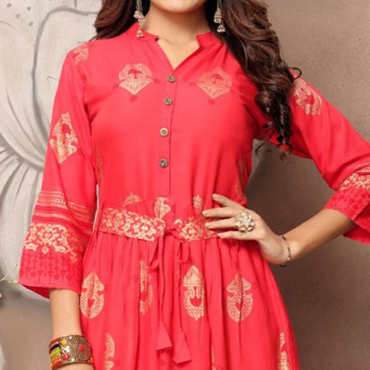 Energetic Light Red Colored Party Wear Foil Block Printed Rayon Kurti