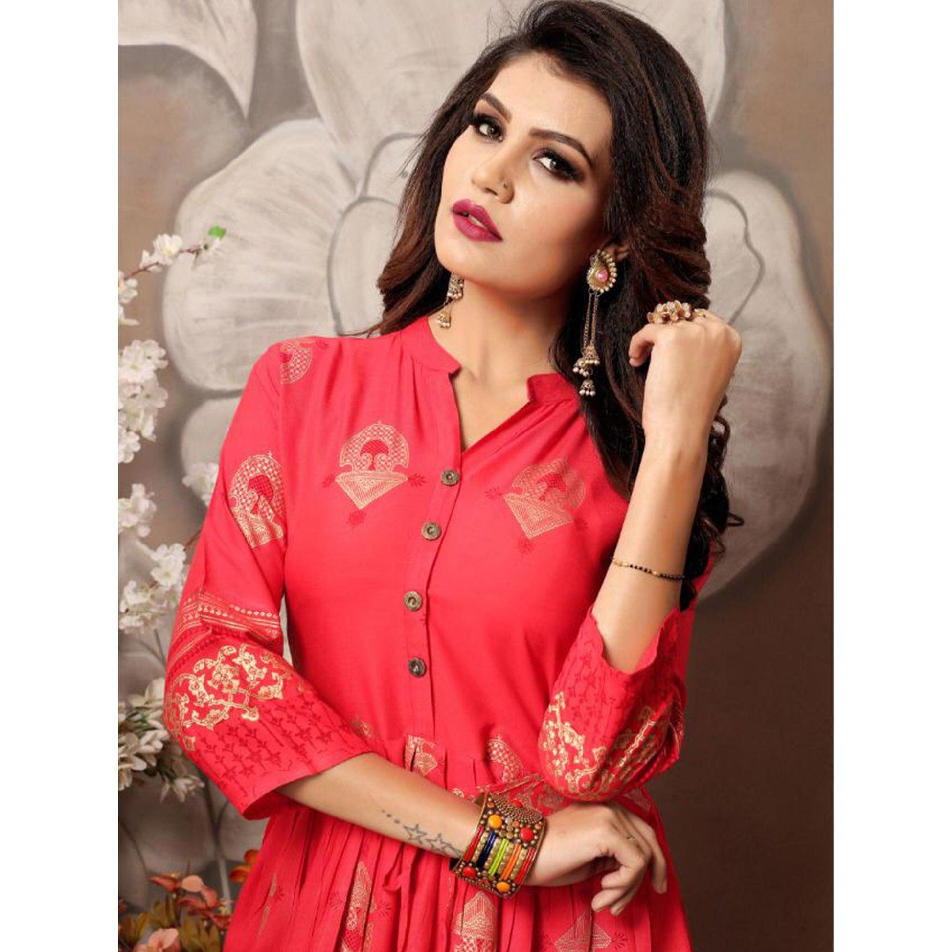 Energetic Light Red Colored Party Wear Foil Block Printed Rayon Kurti