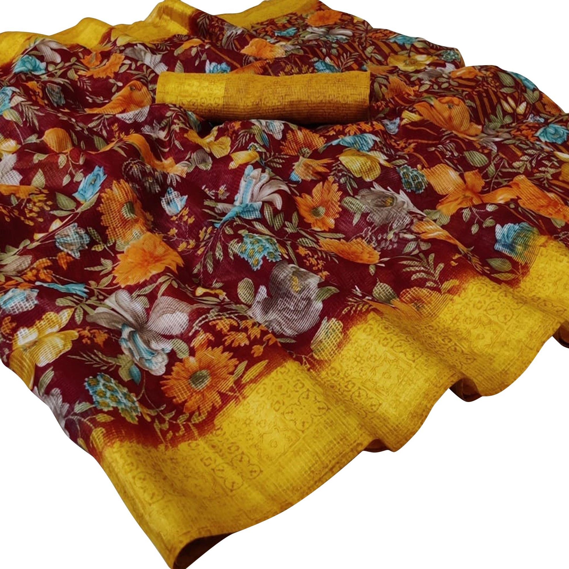 Energetic Maroon Colored Casual Wear Floral Printed Silk Saree
