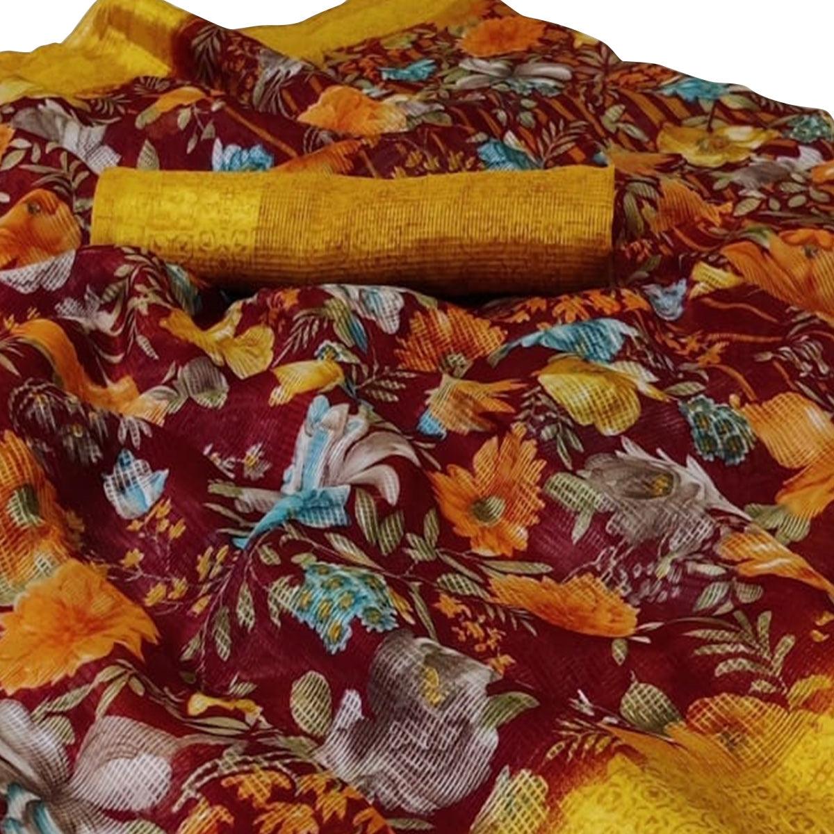 Energetic Maroon Colored Casual Wear Floral Printed Silk Saree