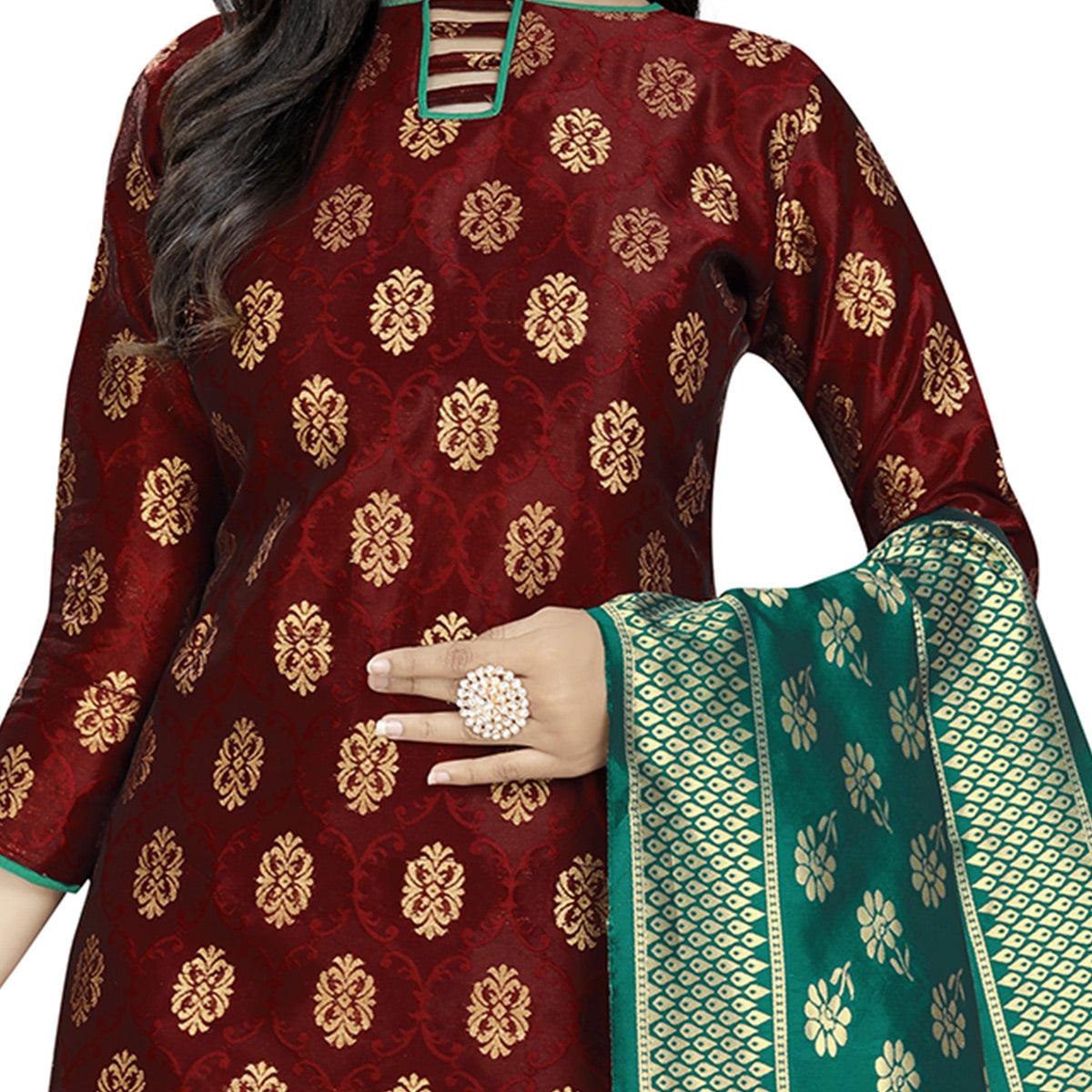 Energetic Maroon Colored Party Wear Woven Banarasi Silk Dress Material