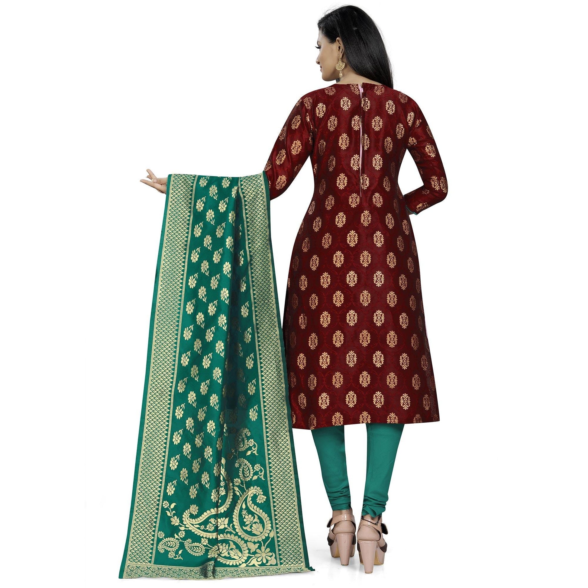 Energetic Maroon Colored Party Wear Woven Banarasi Silk Dress Material