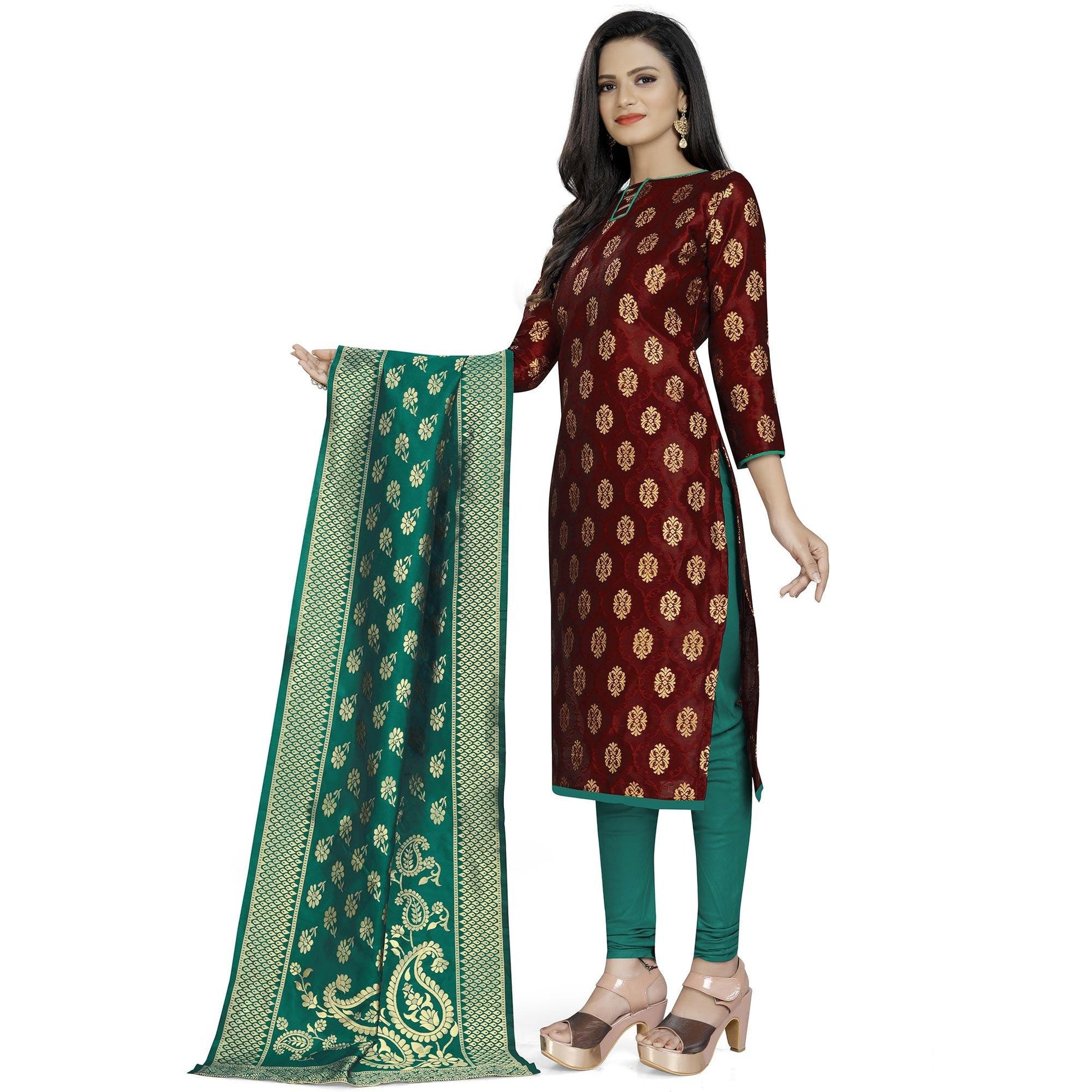 Energetic Maroon Colored Party Wear Woven Banarasi Silk Dress Material