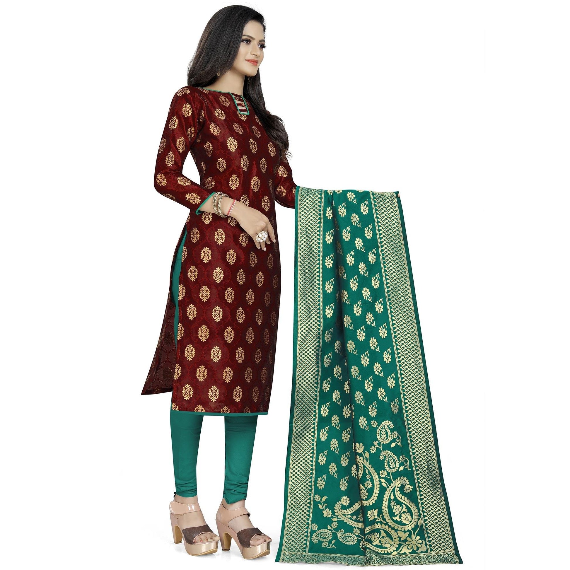 Energetic Maroon Colored Party Wear Woven Banarasi Silk Dress Material