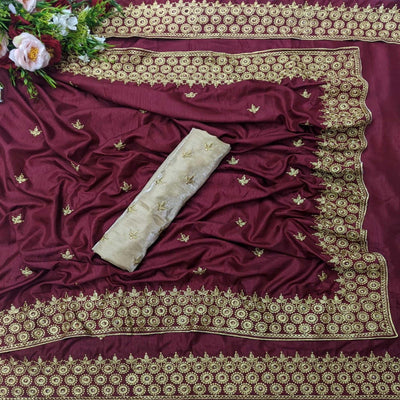 Energetic Maroon Coloured Partywear Embroidered Dola Silk Saree