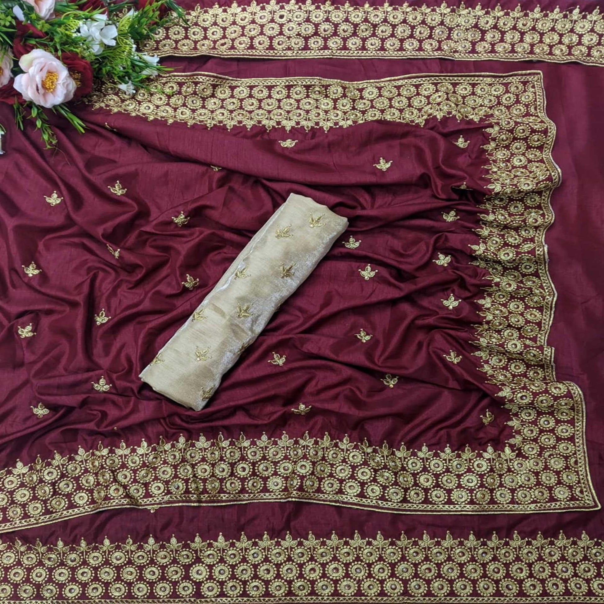 Energetic Maroon Coloured Partywear Embroidered Dola Silk Saree