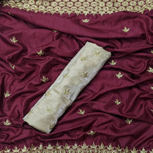 Energetic Maroon Coloured Partywear Embroidered Dola Silk Saree