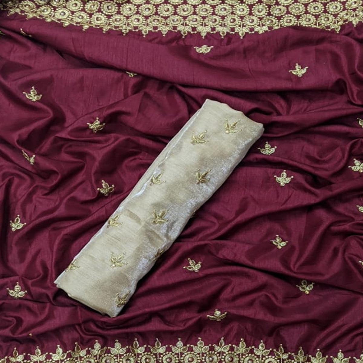 Energetic Maroon Coloured Partywear Embroidered Dola Silk Saree