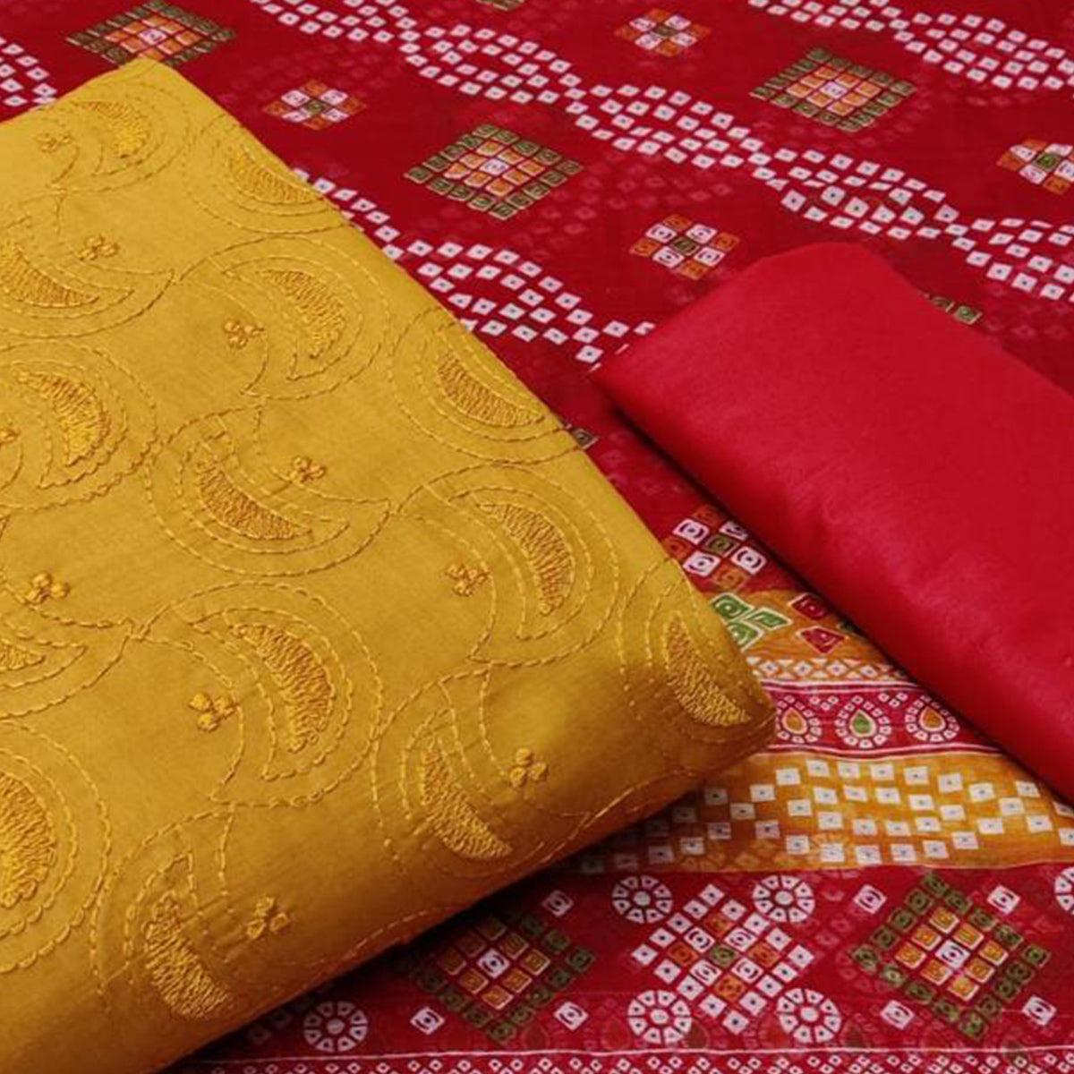 Energetic Mustard Yellow Colored Casual Wear Embroidered Cotton Dress Material