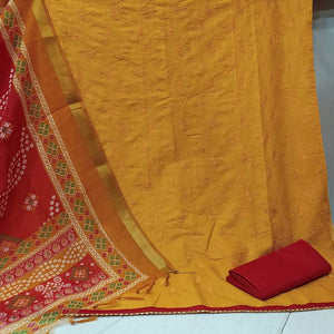 Energetic Mustard Yellow Colored Casual Wear Embroidered Cotton Dress Material