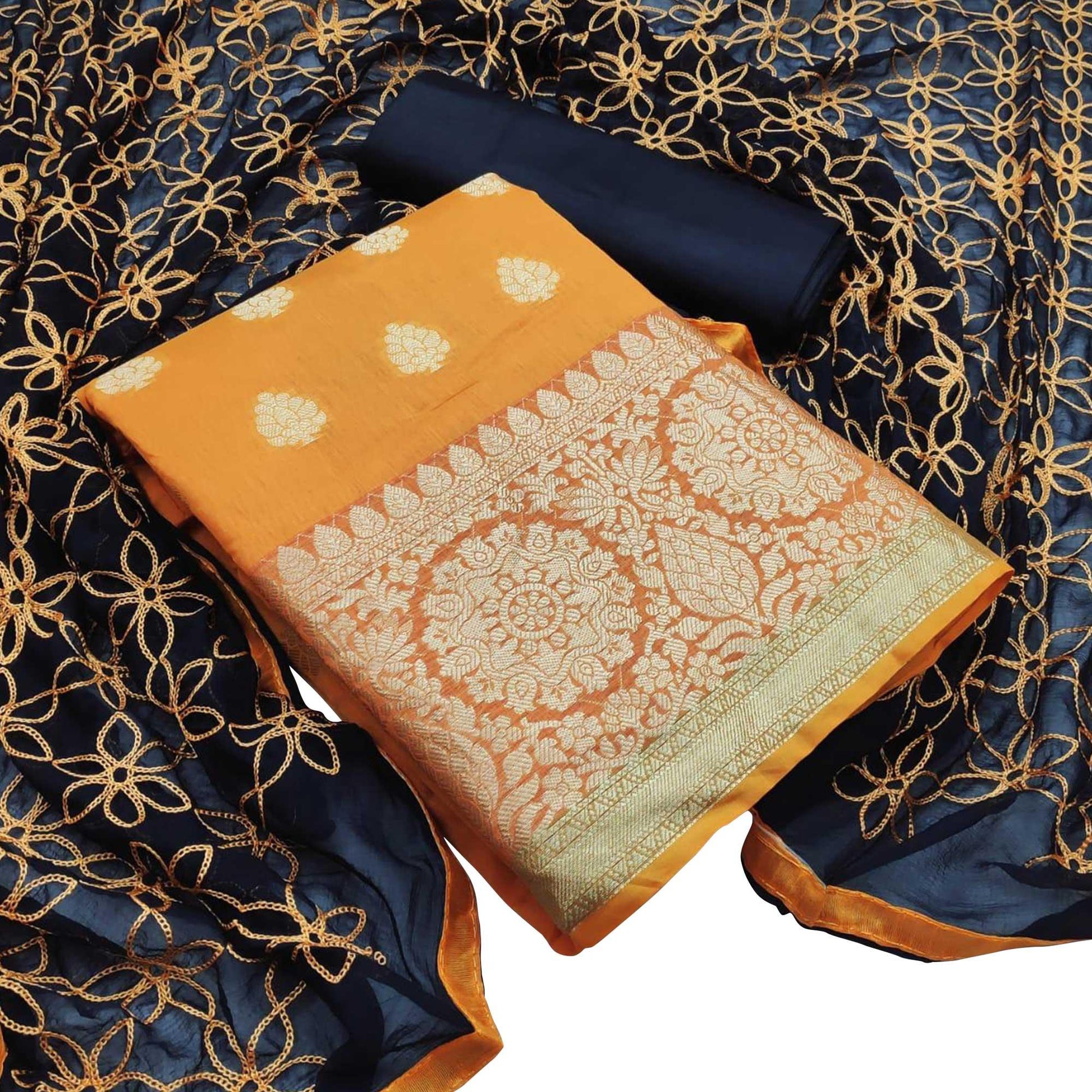 Energetic Mustard Yellow Colored Casual Wear Woven Banarasi Silk Dress Material