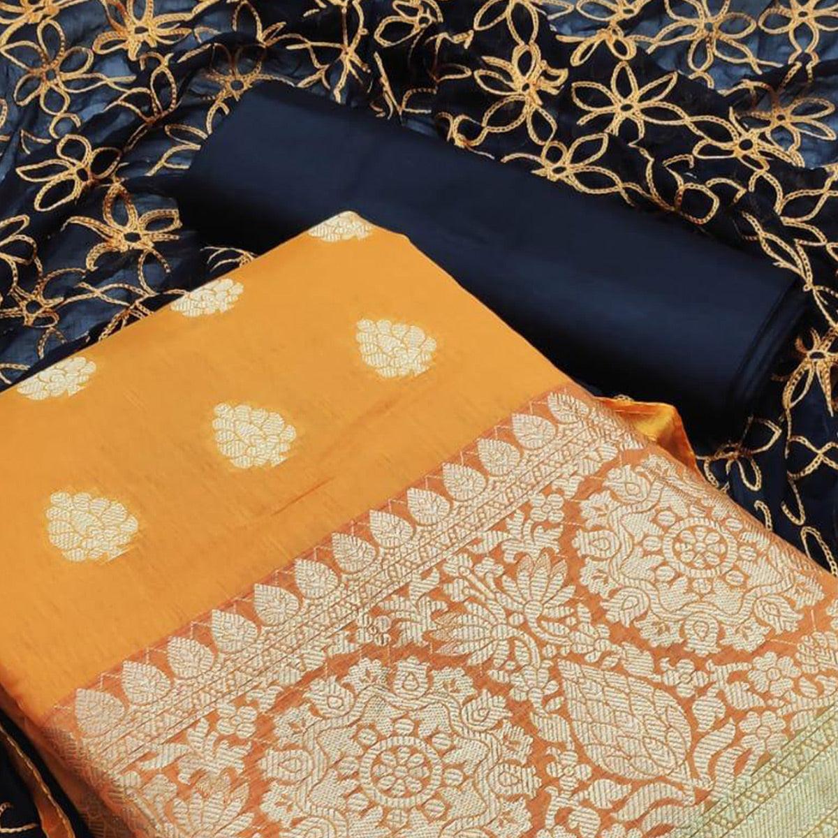 Energetic Mustard Yellow Colored Casual Wear Woven Banarasi Silk Dress Material