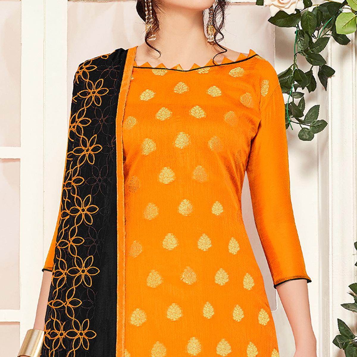 Energetic Mustard Yellow Colored Casual Wear Woven Banarasi Silk Dress Material