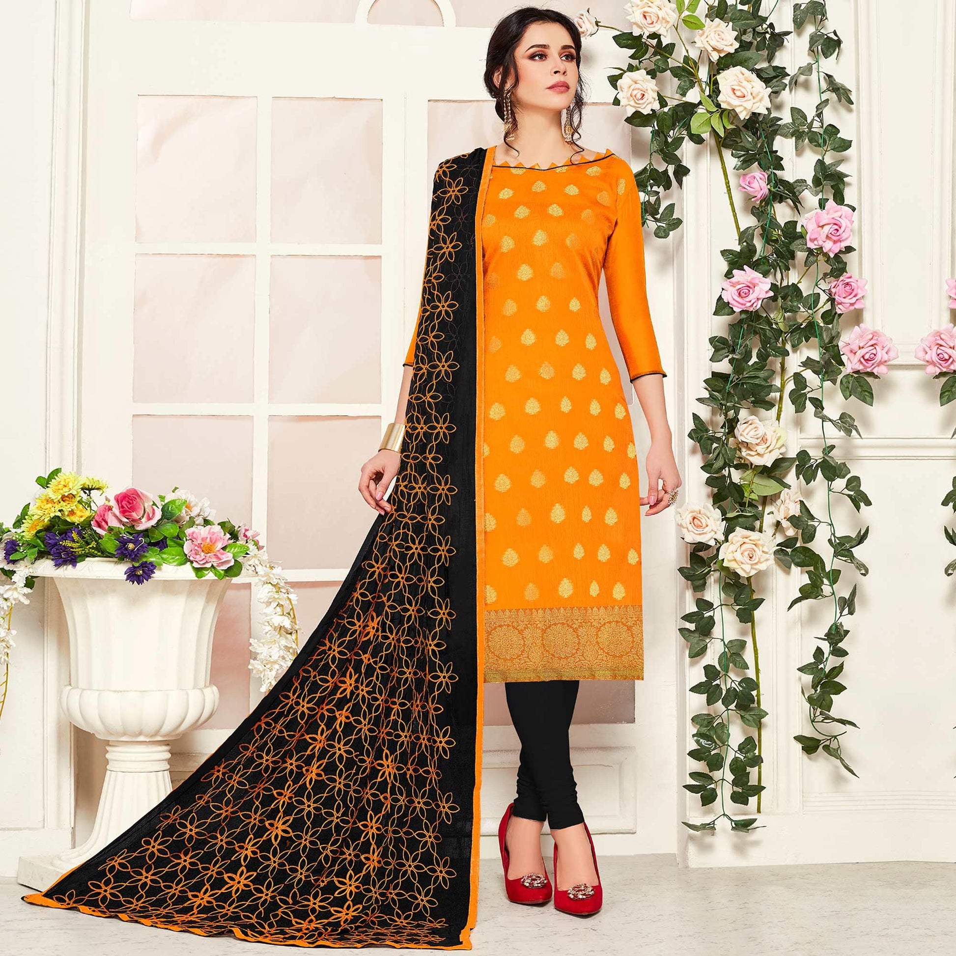 Energetic Mustard Yellow Colored Casual Wear Woven Banarasi Silk Dress Material