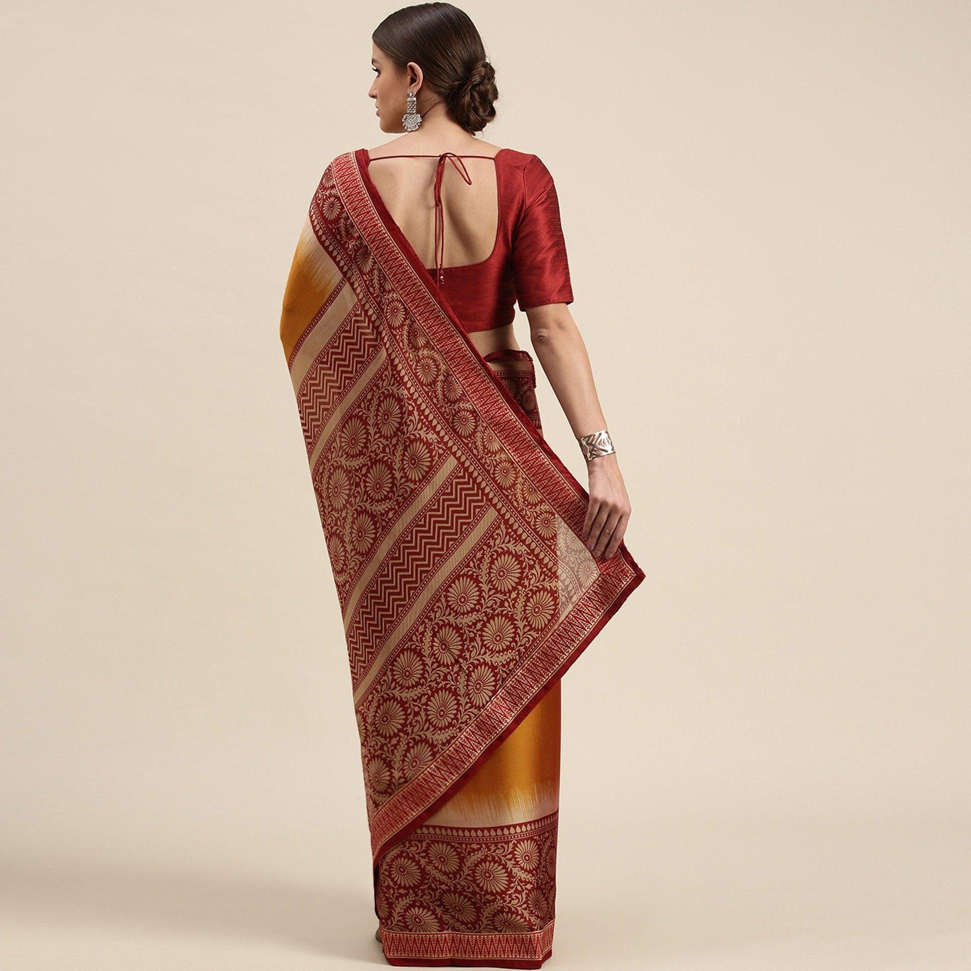 Energetic Mustard Yellow Colored Partywear Printed Rangoli Silk Saree
