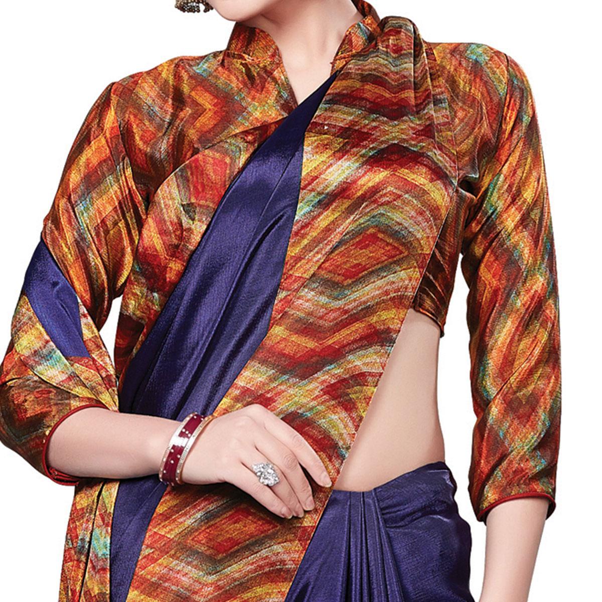 Energetic Navy Blue Colored Casual Wear Printed Crepe Saree