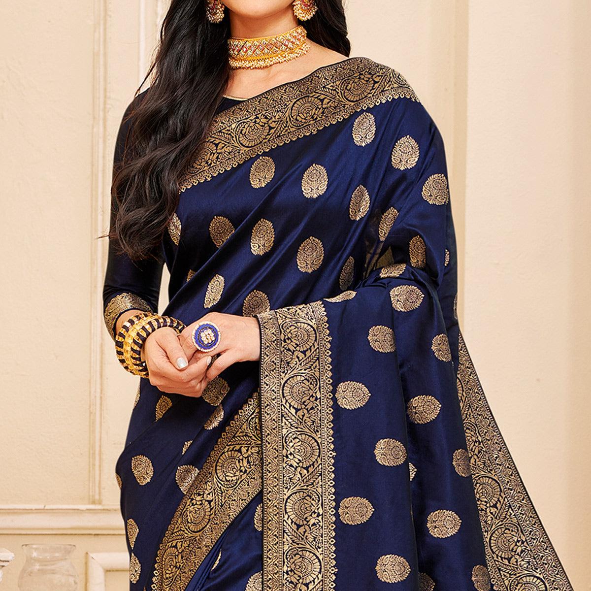 Energetic Navy Blue Colored Festive Wear Woven Banarasi Silk Saree