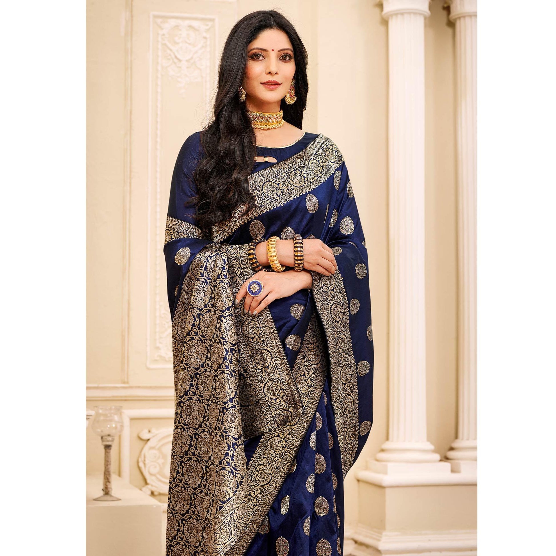Energetic Navy Blue Colored Festive Wear Woven Banarasi Silk Saree