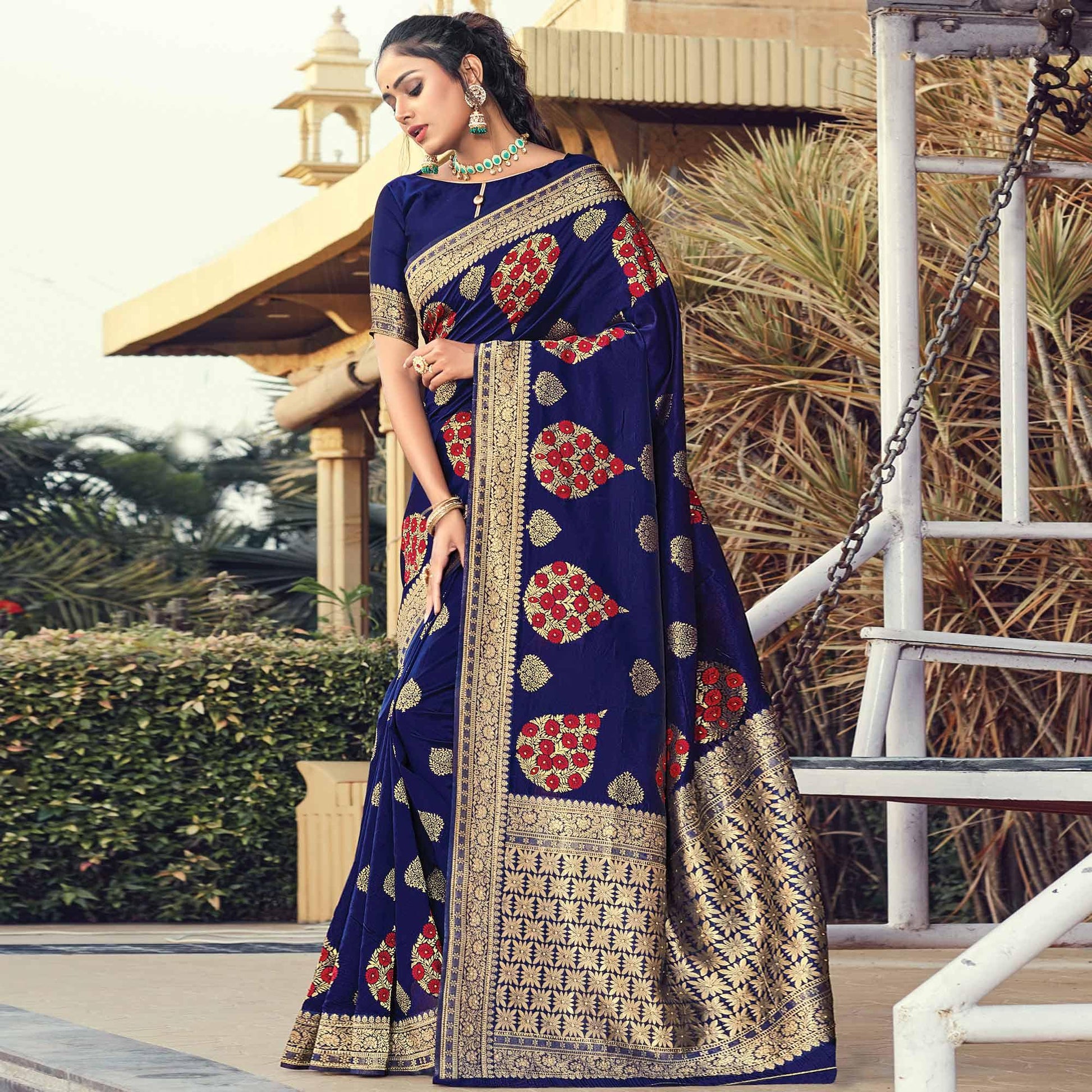 Energetic Navy Blue Colored Festive Wear Woven Silk Saree