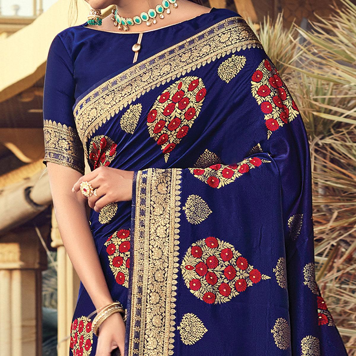 Energetic Navy Blue Colored Festive Wear Woven Silk Saree