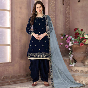 Energetic Navy Blue Colored Partywear Embroidered Velvet Patiala Suit